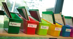 Various colored student organizers sitting on a shelf